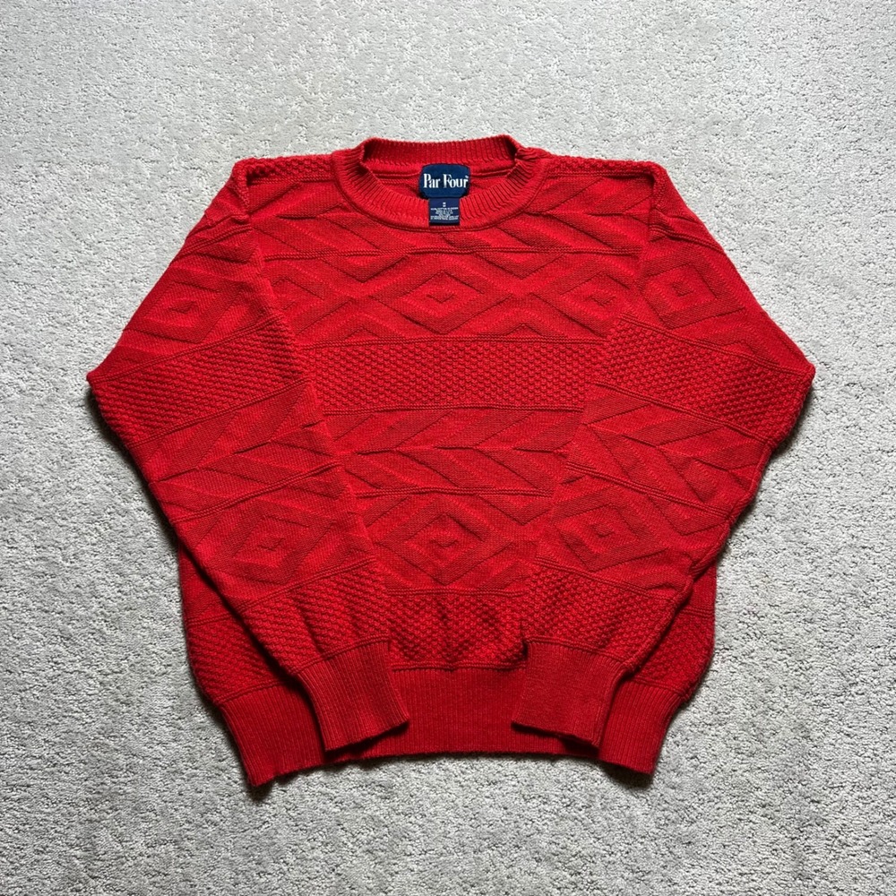 VINTAGE Par Four‎ Sweater Mens Medium Red Cotton Textured Knit Crewneck USA 90s